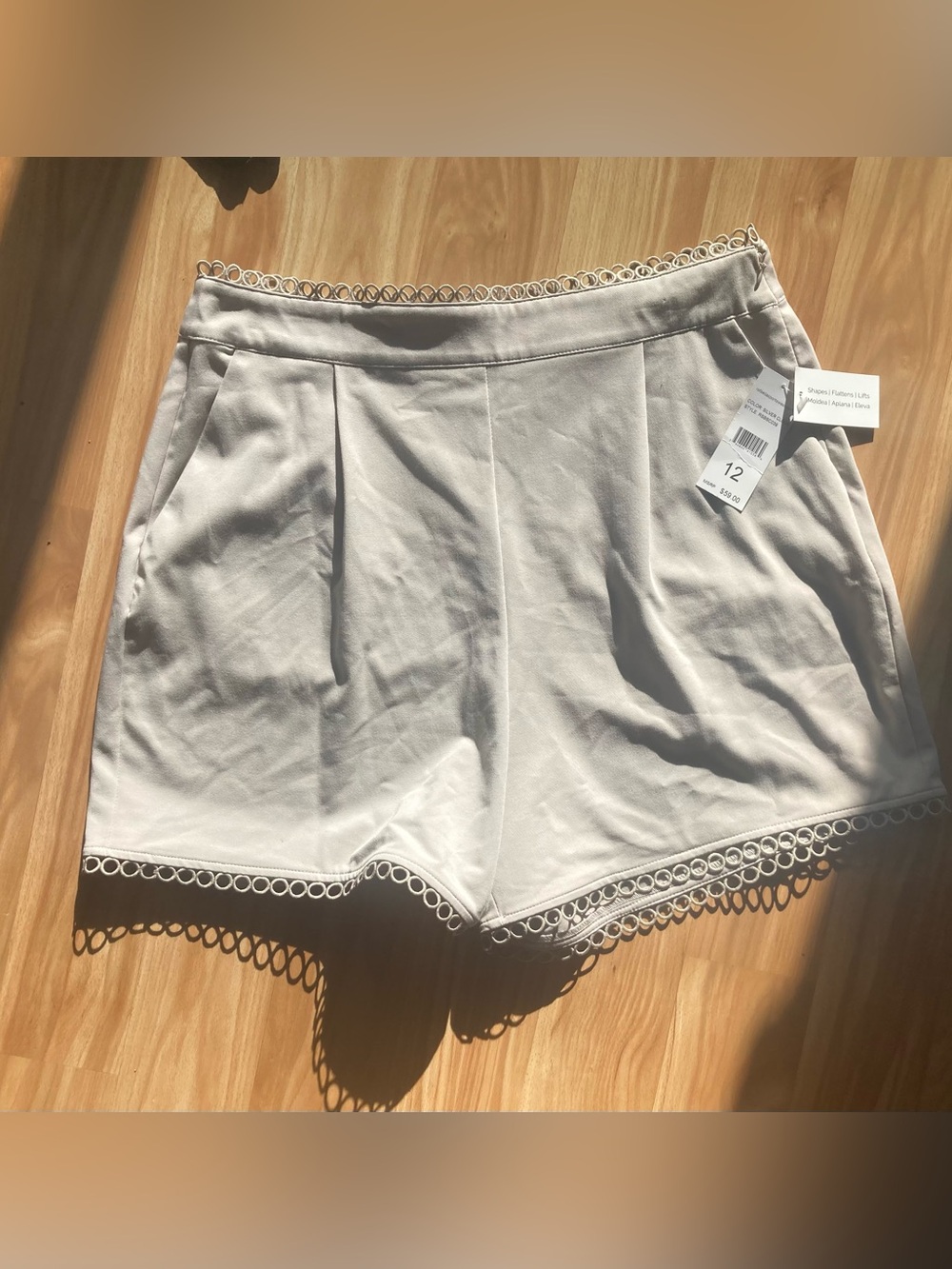 NWT Raffaella creamy gray shorts with lace-like loop detail sz 12